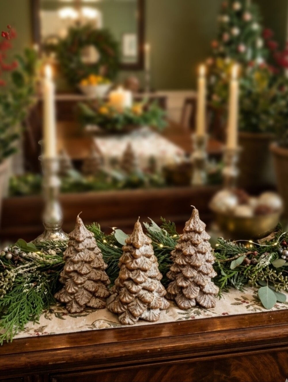 POTTERY BARN ANTIQUE GOLD FIR CHRISTMAS TREE CANDLE TRIO